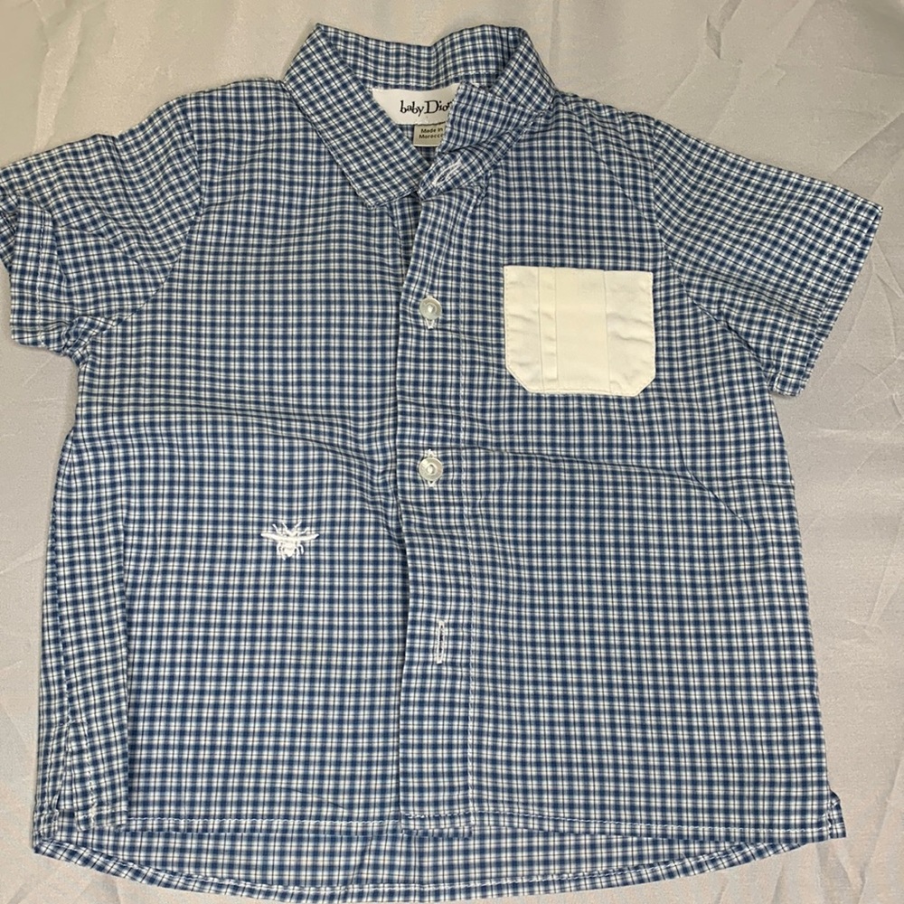 Baby Boy “Dior” blue checkered Button Down Shirt size 9 months